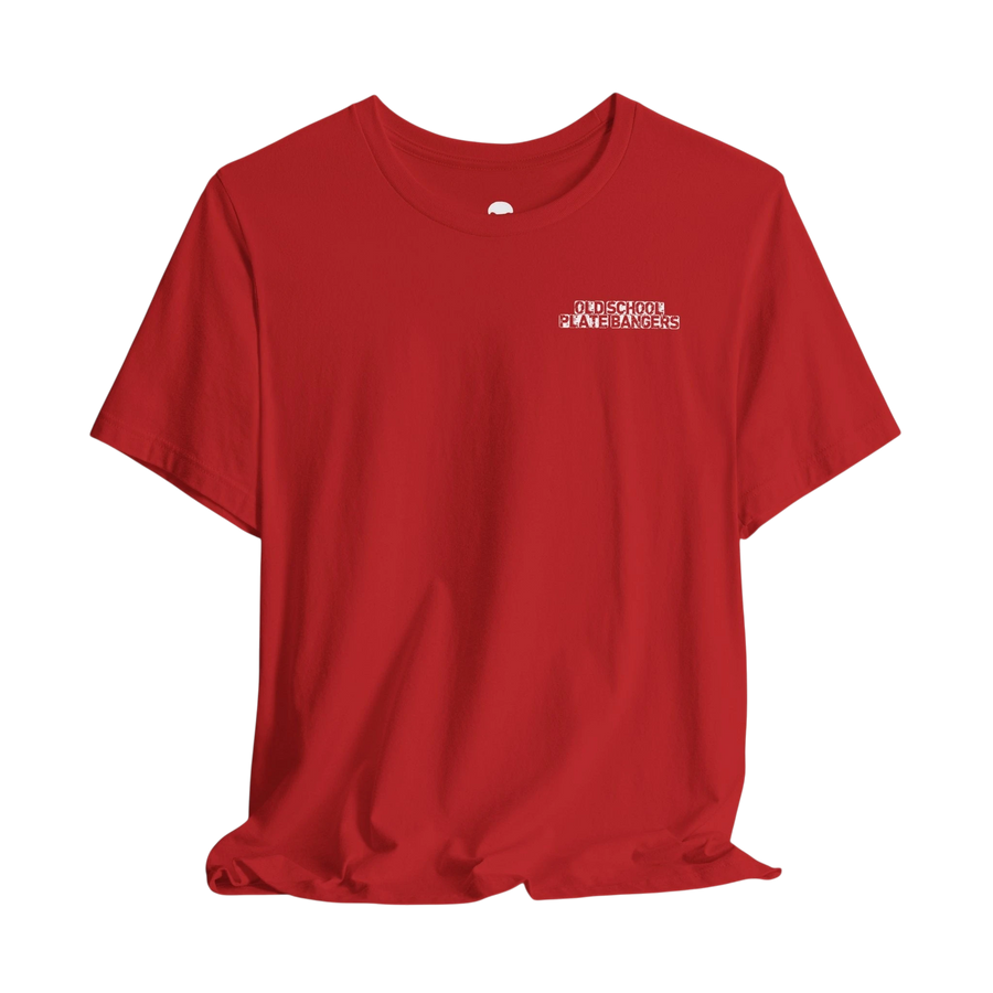 DailyThreadCo. red crew-neck cotton t-shirt featuring a small white Old School Plate Bangers chest logo