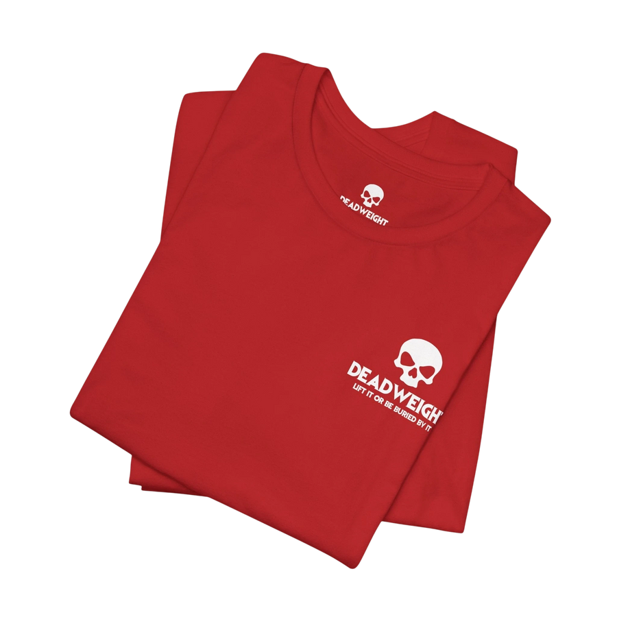 DailyThreadCo. red cotton gym t-shirt with white Deadweight skull logo on the chest, folded flat.