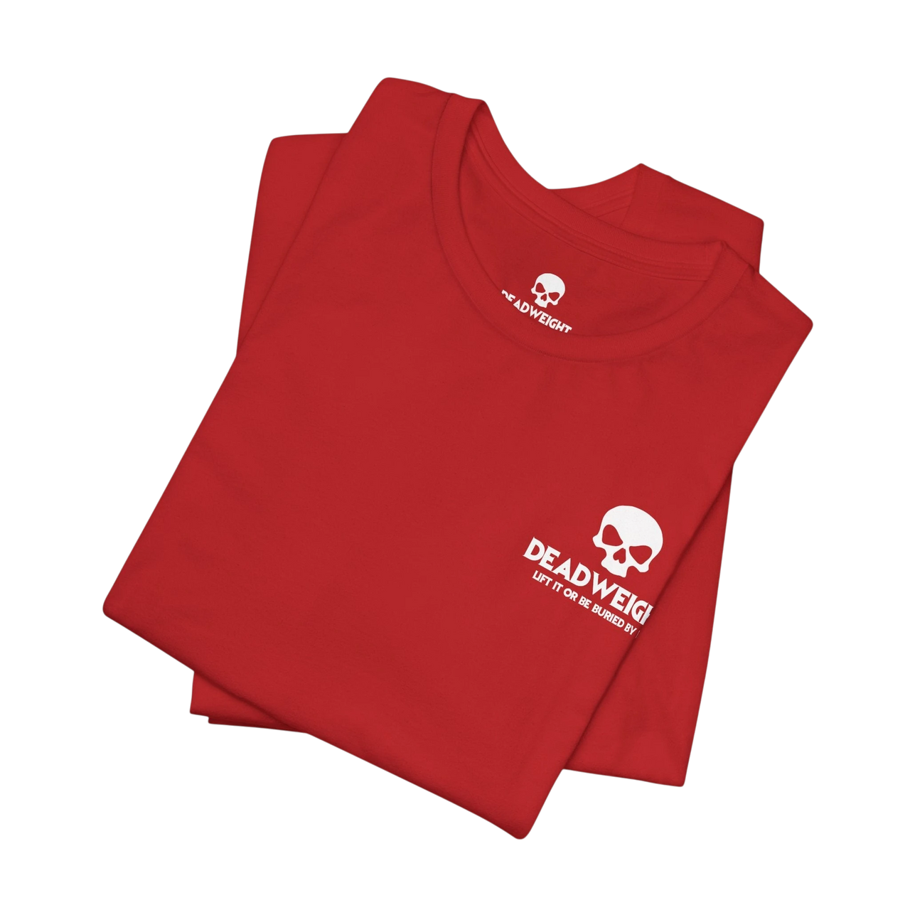DailyThreadCo. red cotton crew-neck t-shirt featuring a white distressed skull graphic and Deadweight branding.