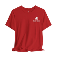 DailyThreadCo. red cotton t-shirt with a small white skull logo on the chest, featuring a minimalist crew neck design.
