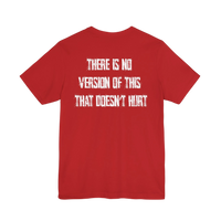 DailyThreadCo. red crew-neck cotton t-shirt featuring weathered white text on the back.