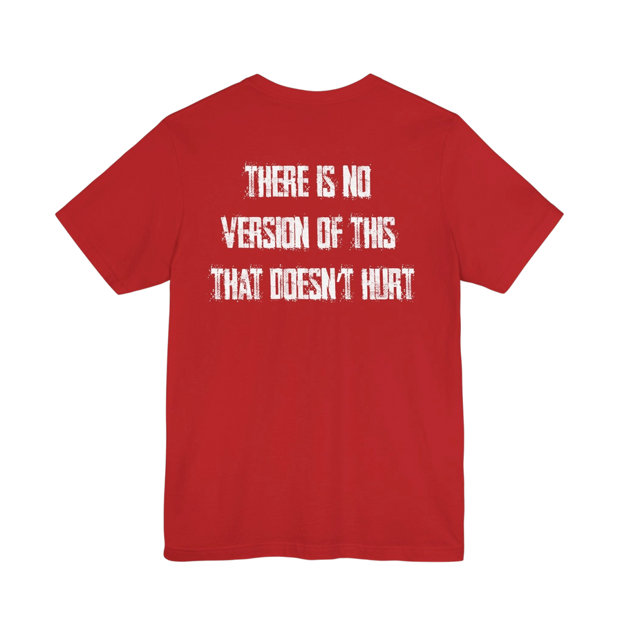 DailyThreadCo. red crew-neck cotton t-shirt featuring weathered white text on the back.