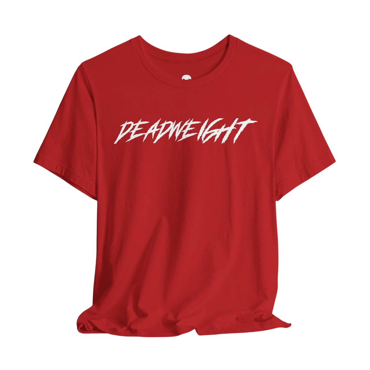 DailyThreadCo. red crew-neck gym t-shirt with white jagged DEADWEIGHT text on the chest, made of soft cotton.