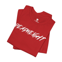 DailyThreadCo. red crew-neck gym t-shirt with white jagged DEADWEIGHT graphic print on soft cotton fabric.