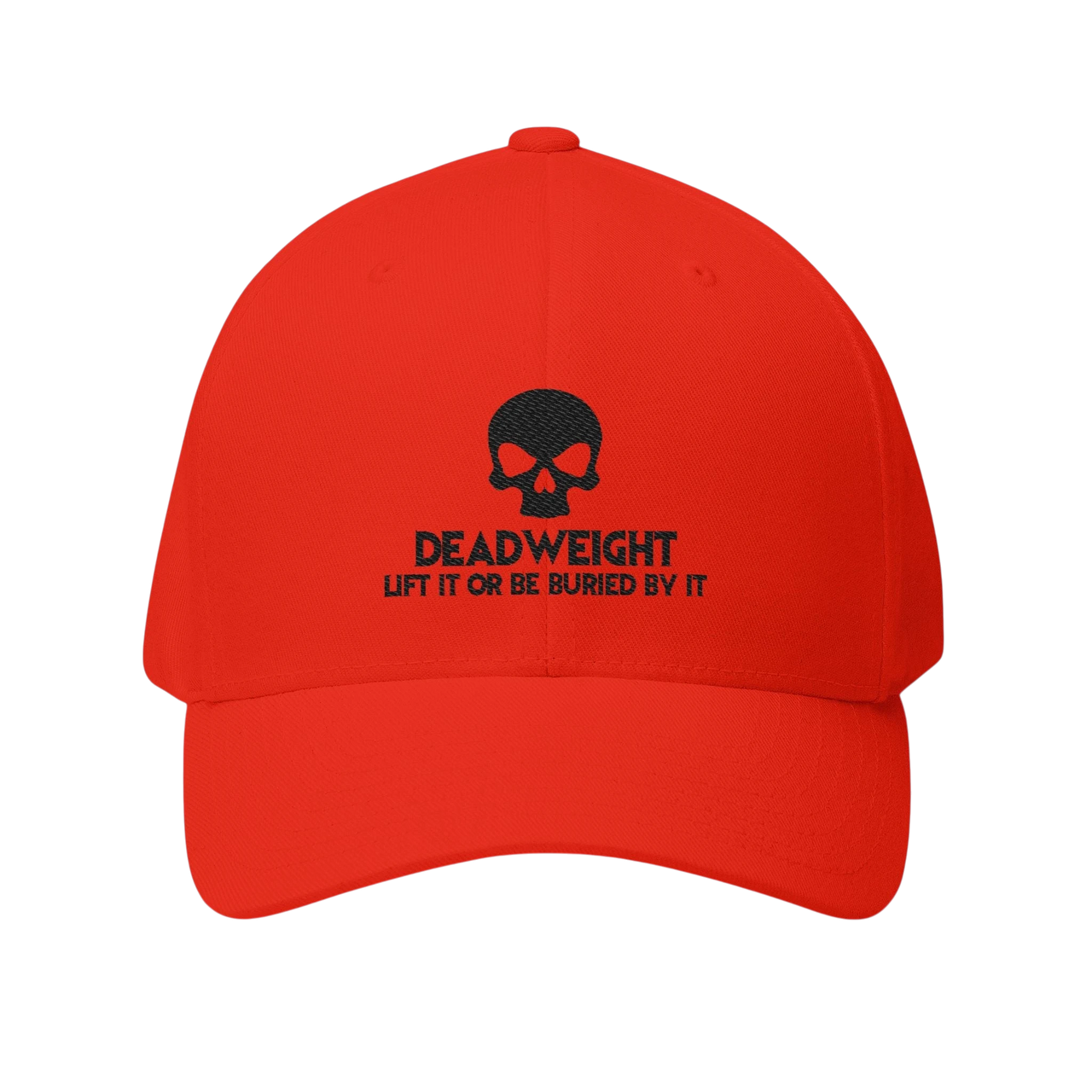 DailyThreadCo. red structured cap featuring a black embroidered skull and Deadweight motivational text.