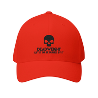 DailyThreadCo. red structured cap featuring a black embroidered skull and Deadweight motivational text.
