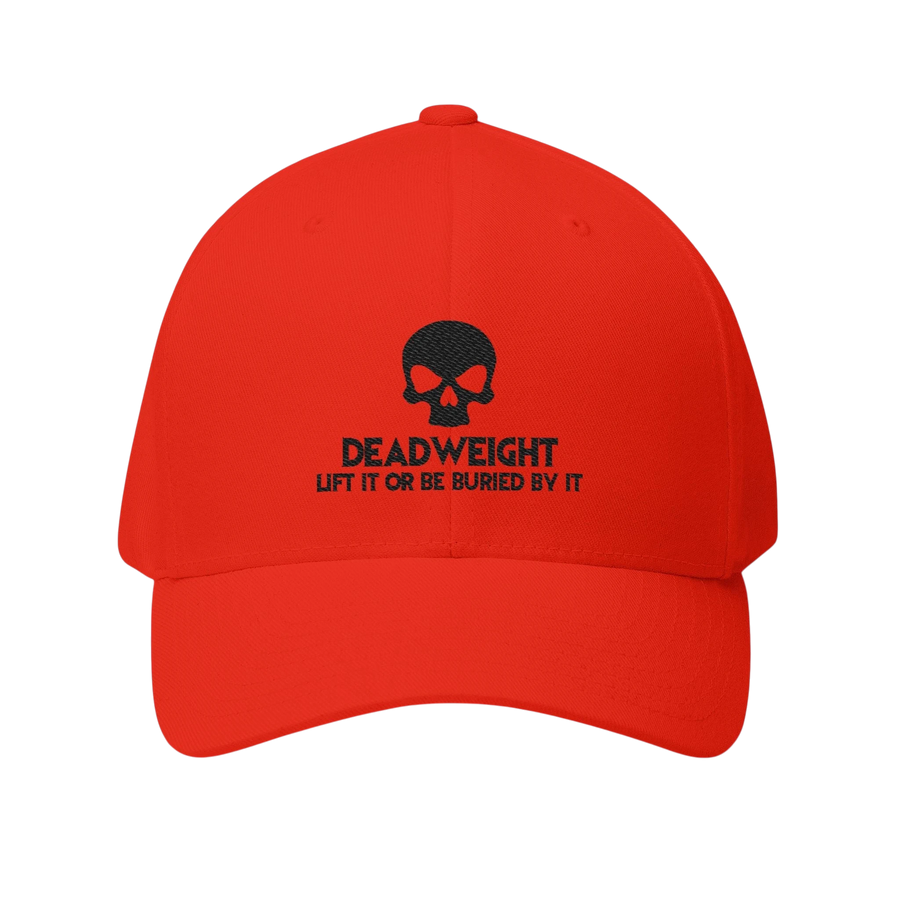 DailyThreadCo. red structured cap featuring a black embroidered skull and Deadweight motivational text.