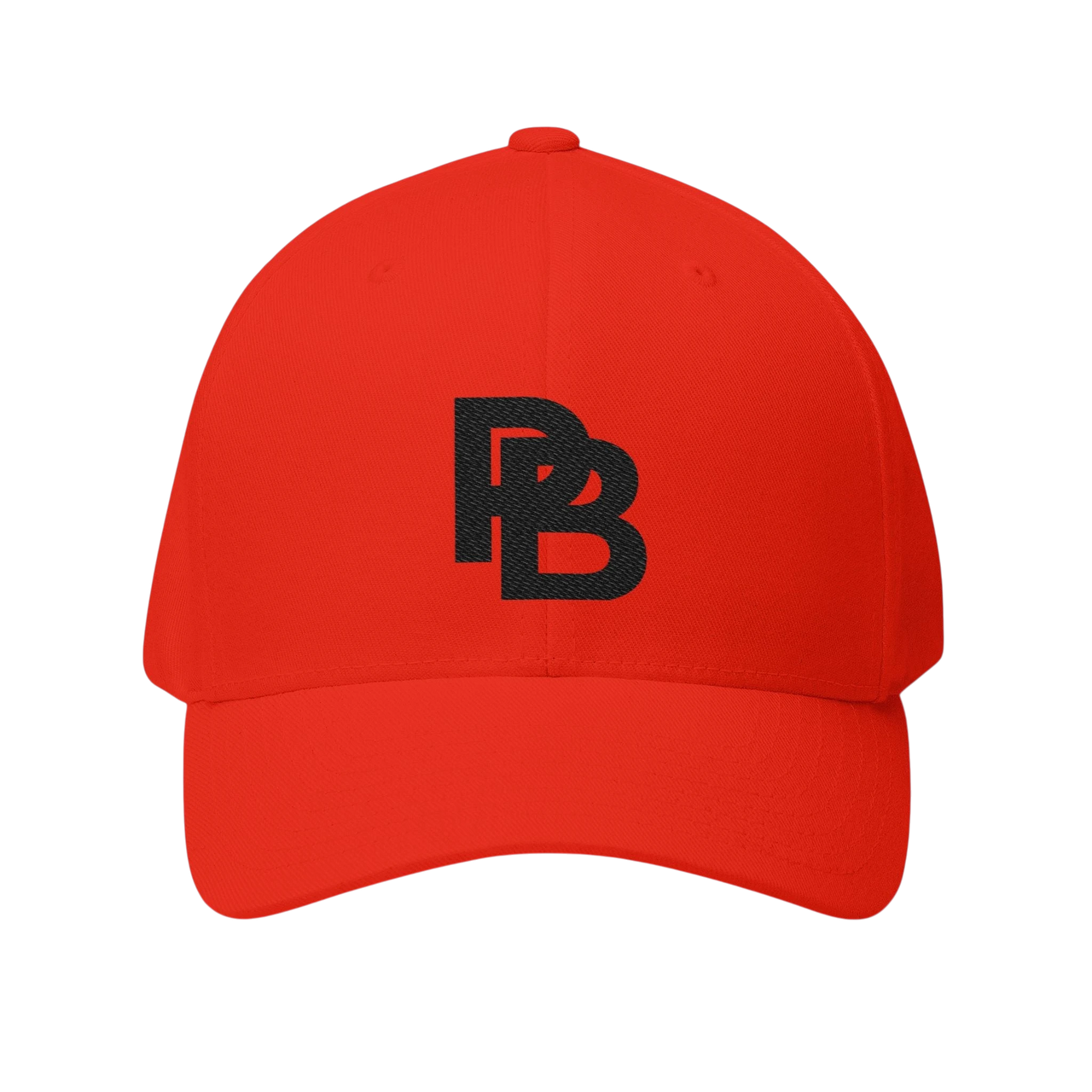 DailyThreadCo. red structured baseball cap with black embroidered Plate Bangers logo and curved visor.