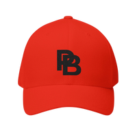 DailyThreadCo. red structured baseball cap with black embroidered Plate Bangers logo and curved visor.