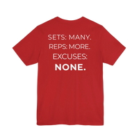 DailyThreadCo. red cotton fitness t-shirt featuring the motivational text Sets: Many. Reps: More. Excuses: None. on back