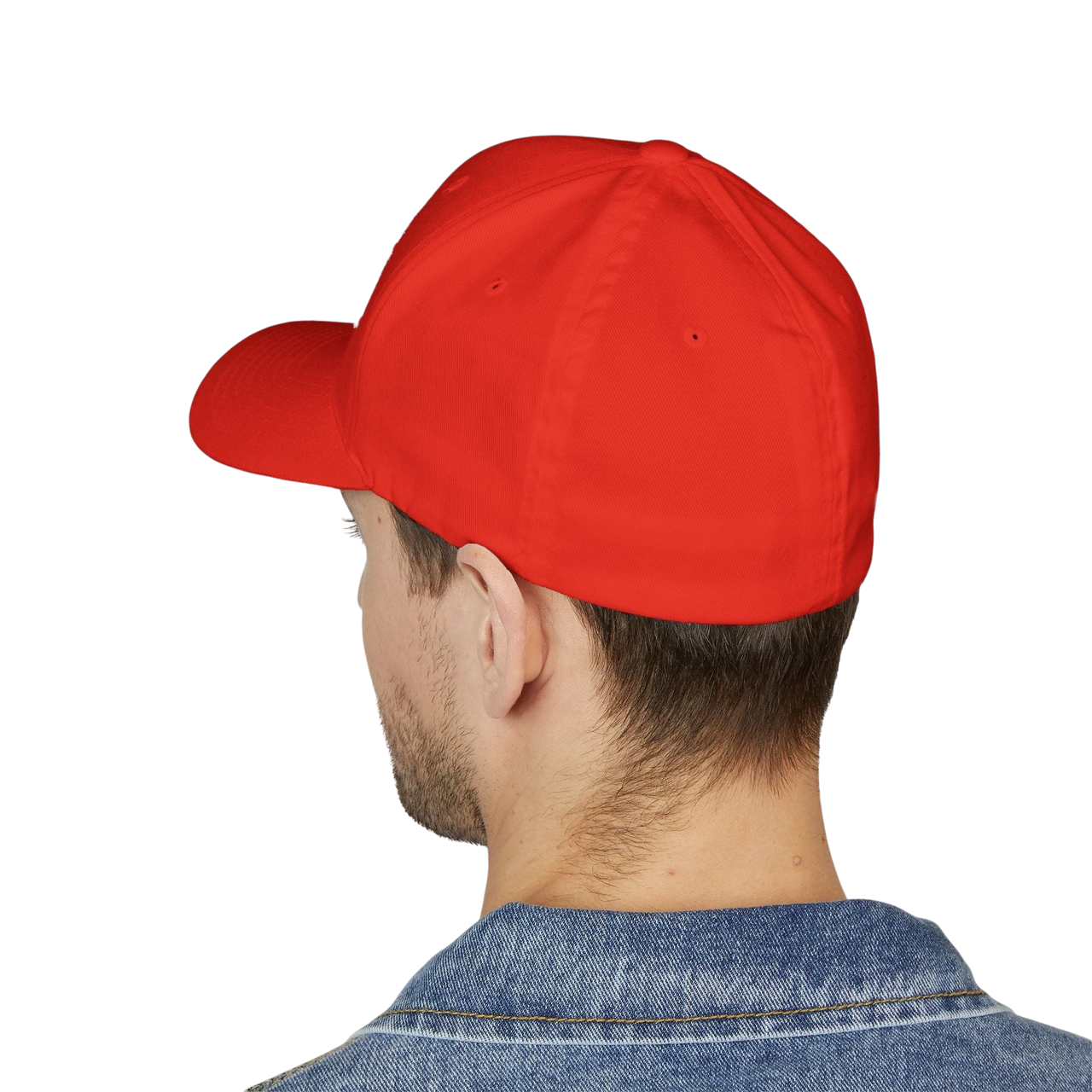 DailyThreadCo. red structured FlexFit cap worn by a man, showing the smooth back view of the six-panel twill hat.