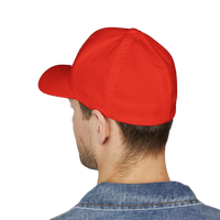 DailyThreadCo. red structured FlexFit cap worn by a man, showing the smooth back view of the six-panel twill hat.