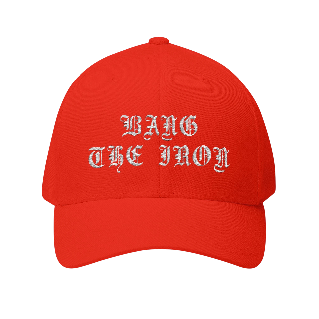 DailyThreadCo. red structured FlexFit cap with Bang the Iron embroidered in white gothic lettering on the front.