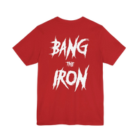 DailyThreadCo. red cotton gym t-shirt featuring a bold white distressed BANG THE IRON graphic on the back.