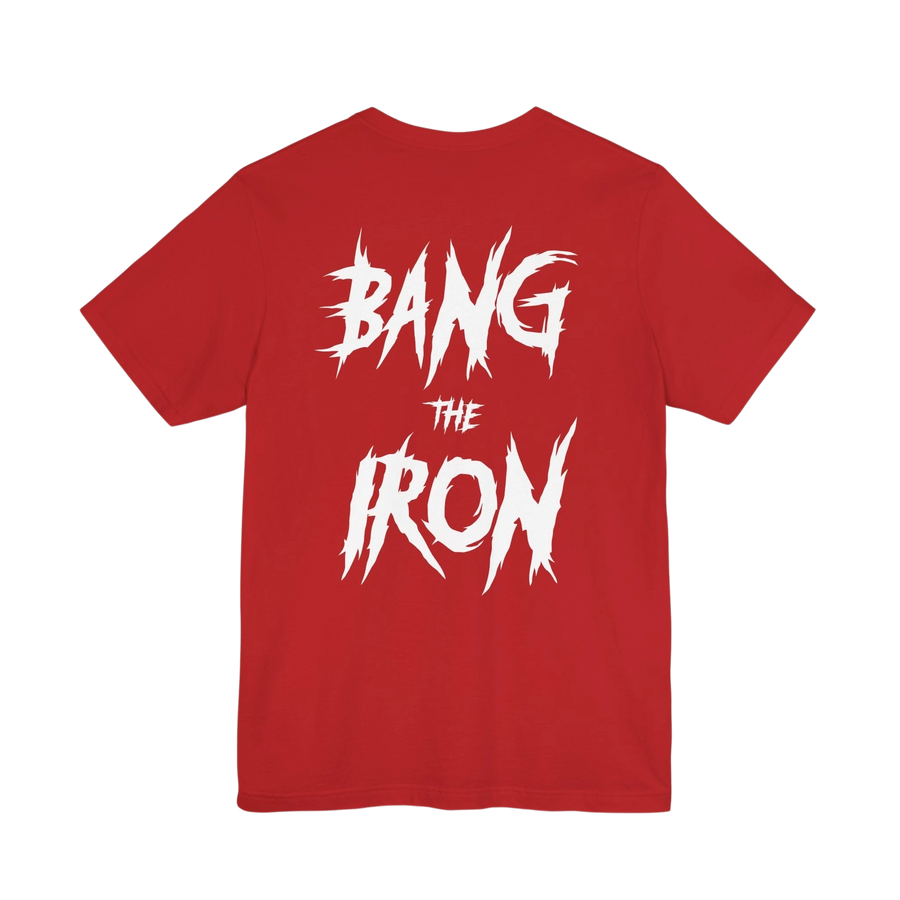 DailyThreadCo. red cotton gym t-shirt featuring a bold white distressed BANG THE IRON graphic on the back.