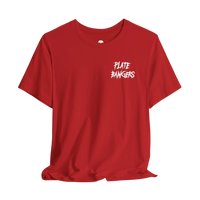 DailyThreadCo. red crew neck graphic t-shirt featuring white Plate Bangers text on the chest.