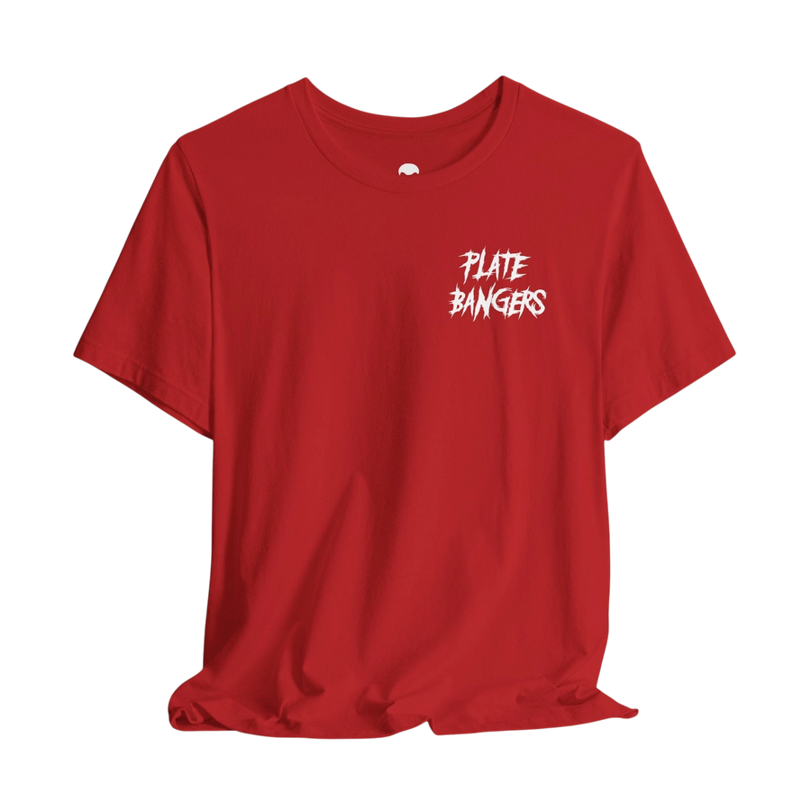 DailyThreadCo. red crew neck graphic t-shirt featuring white Plate Bangers text on the chest.