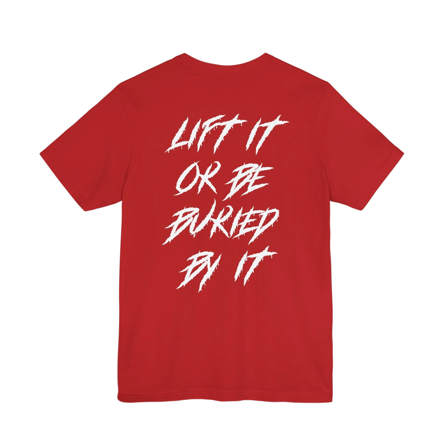 DailyThreadCo. red crew-neck gym t-shirt with white jagged motivational text on the back.