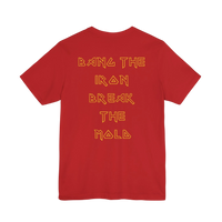 DailyThreadCo. red cotton gym t-shirt with gold geometric text on the back reading Bang the Iron Break the Mold.