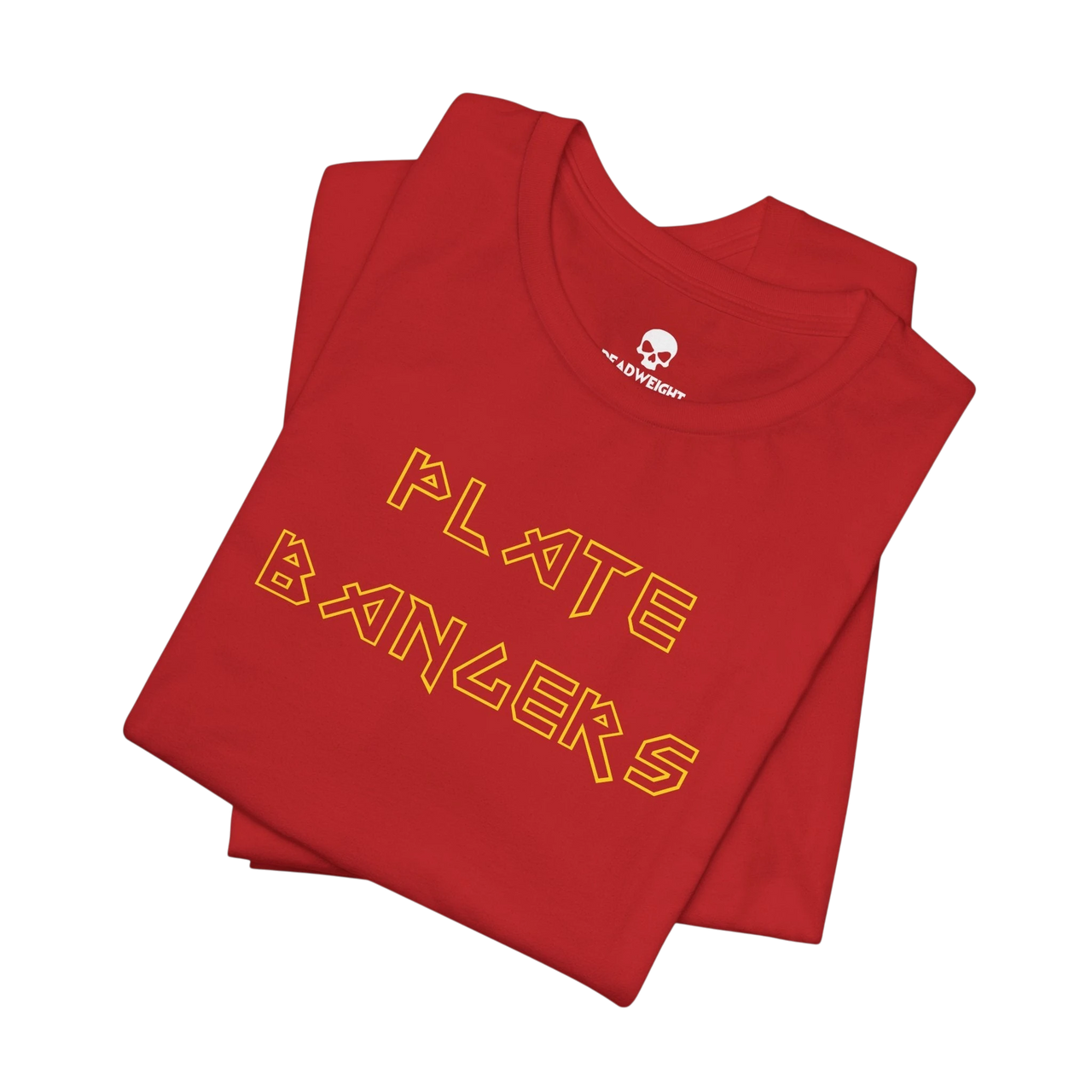 DailyThreadCo. red cotton gym t-shirt featuring gold geometric Plate Bangers text on the front.