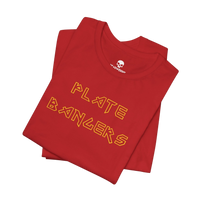 DailyThreadCo. red cotton gym t-shirt featuring gold geometric Plate Bangers text on the front.