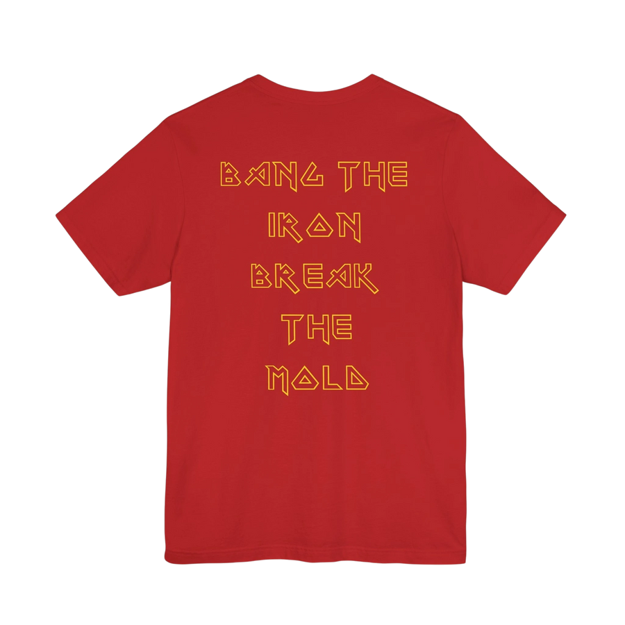 DailyThreadCo. red cotton gym t-shirt with gold geometric text on the back reading Bang the Iron Break the Mold.
