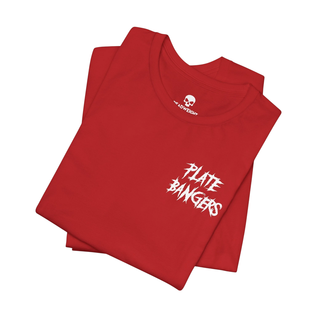 DailyThreadCo. red cotton gym t-shirt featuring a white distressed Plate Bangers graphic on the chest.