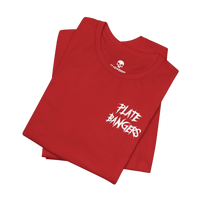 DailyThreadCo. red cotton gym t-shirt featuring a white distressed Plate Bangers graphic on the chest.
