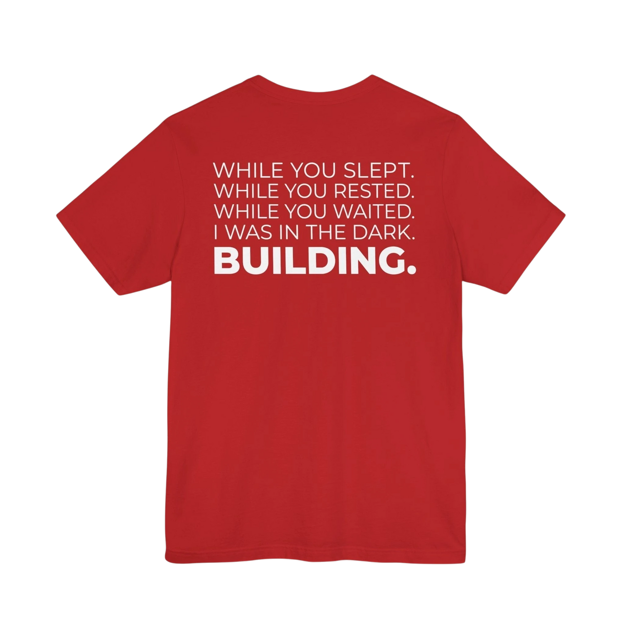 DailyThreadCo. red cotton t-shirt featuring a bold white typographic manifesto print on the back.