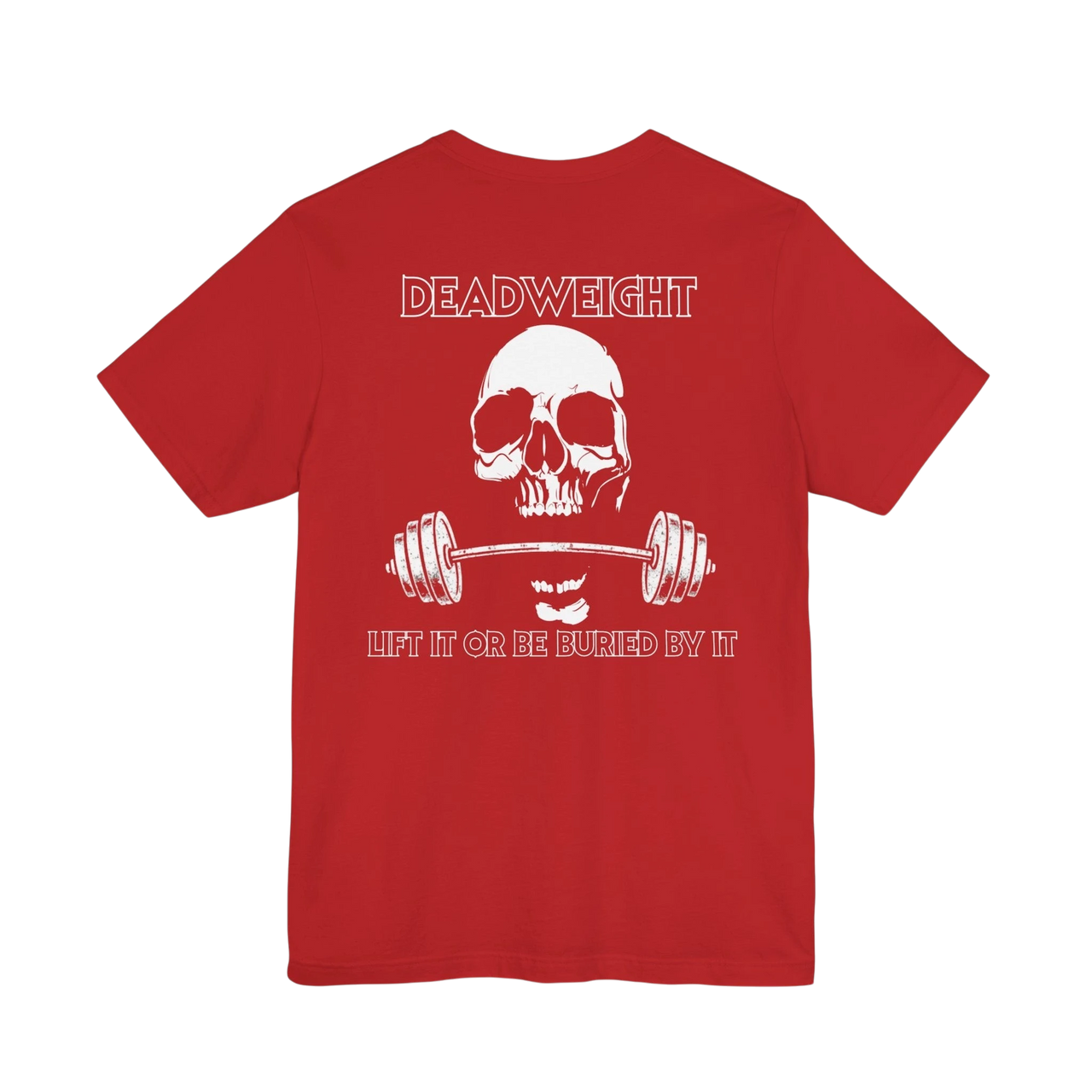 DailyThreadCo. red gym t-shirt featuring a white skull and barbell graphic with the text Deadweight on the back.