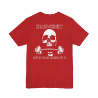 DailyThreadCo. red gym t-shirt featuring a white skull and barbell graphic with the text Deadweight on the back.