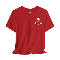 DailyThreadCo. red gym t-shirt featuring a white skull and barbell chest emblem on soft combed cotton.