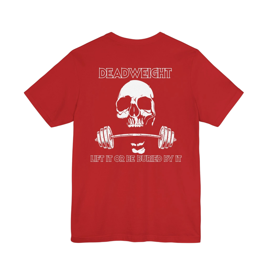 DailyThreadCo. red gym t-shirt featuring a white skull and barbell graphic with the text Deadweight on the back.