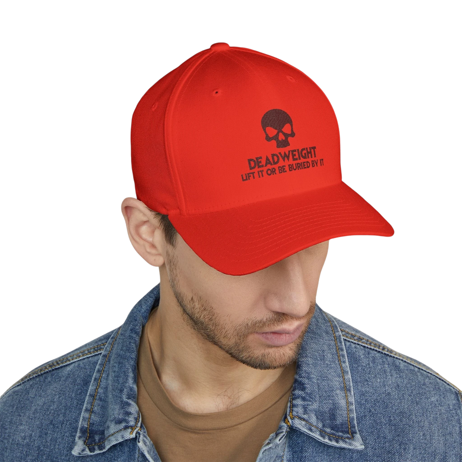 DailyThreadCo. red structured cap with black skull embroidery and Deadweight text on a man in a denim jacket.