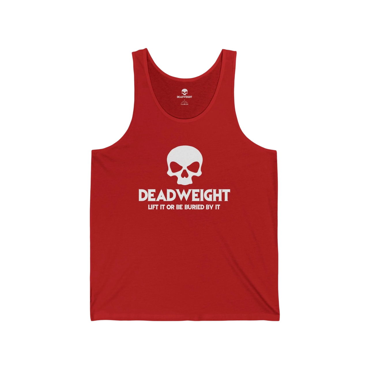 DailyThreadCo. red cotton fitness tank top with a white skull graphic and Deadweight text on the chest.