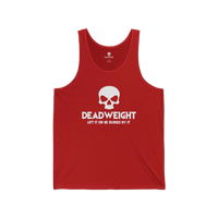 DailyThreadCo. red cotton fitness tank top with a white skull graphic and Deadweight text on the chest.