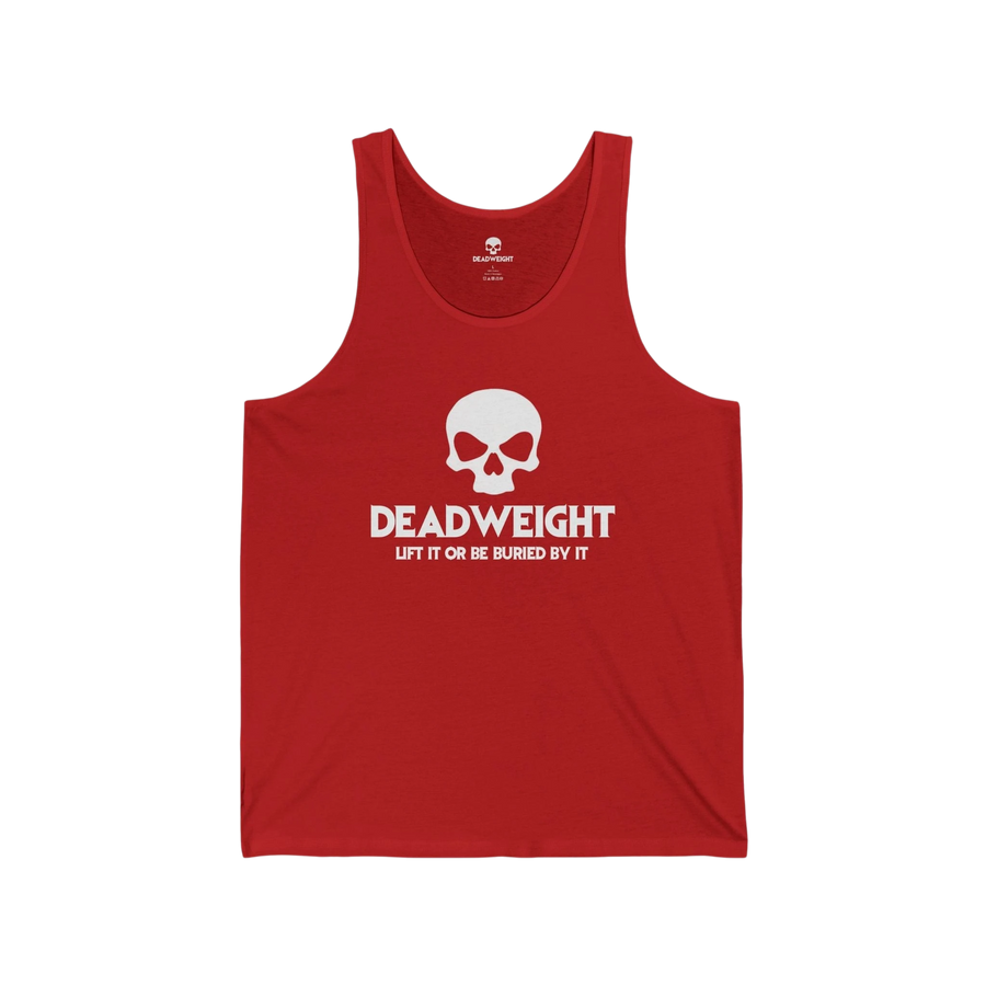 DailyThreadCo. red cotton fitness tank top with a white skull graphic and Deadweight text on the chest.
