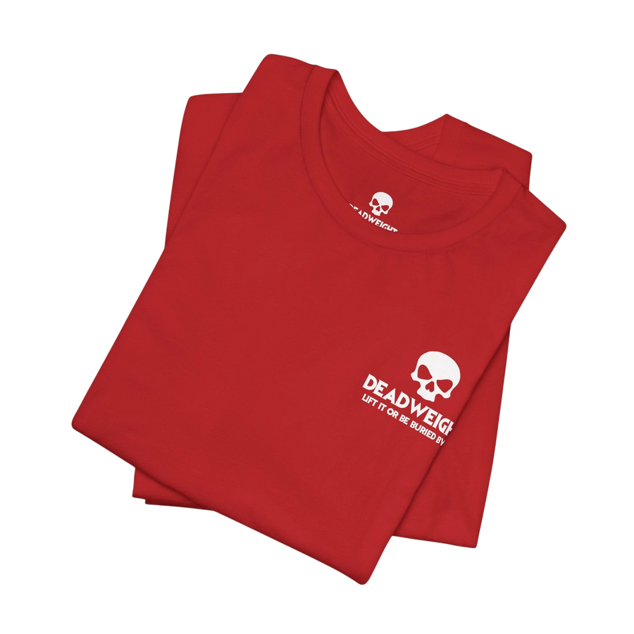 DailyThreadCo. red cotton crew neck t-shirt featuring a white skull graphic and Deadweight text on the chest.