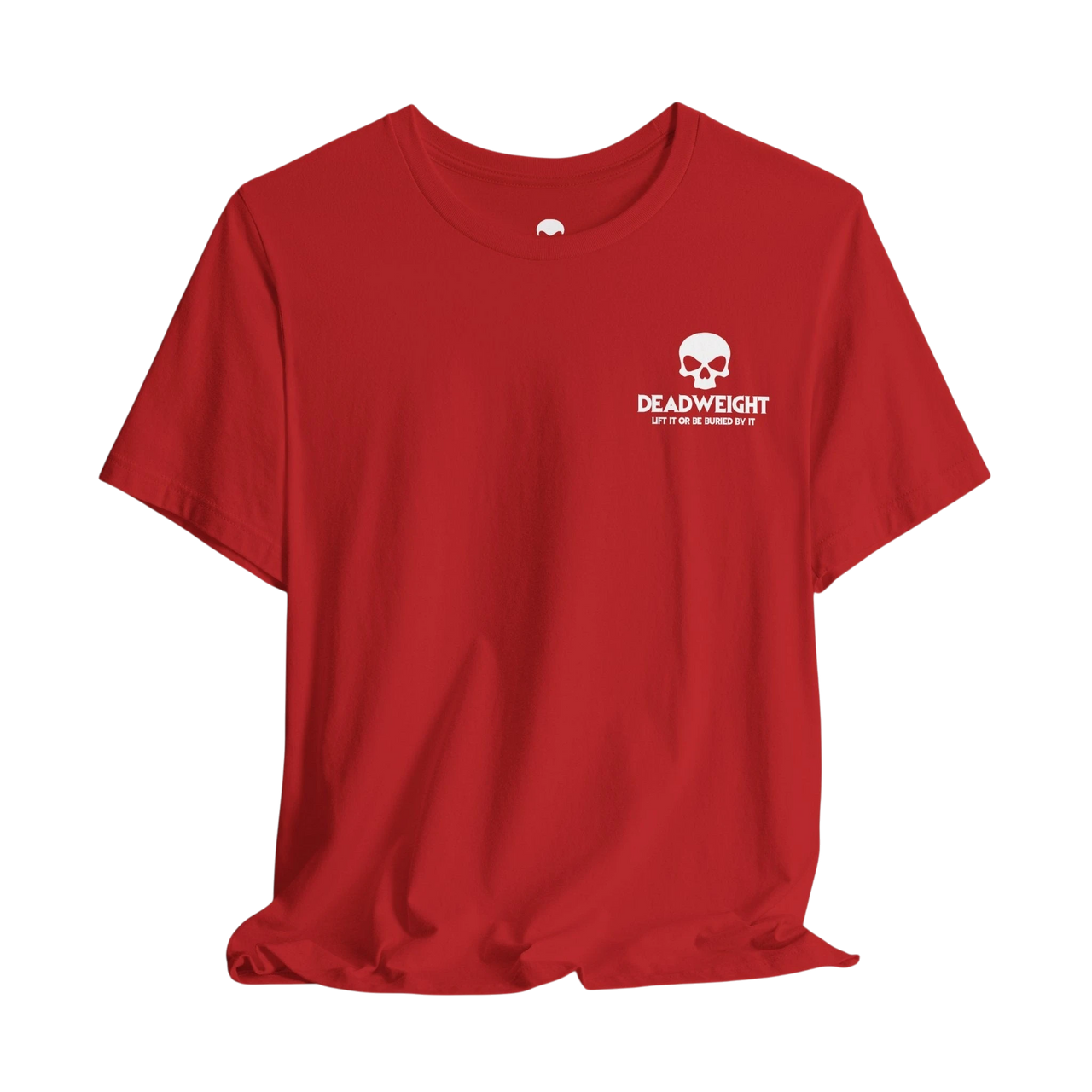 DailyThreadCo. red crew-neck cotton t-shirt featuring a small white distressed skull graphic on the chest.