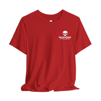 DailyThreadCo. red crew-neck cotton t-shirt featuring a small white distressed skull graphic on the chest.