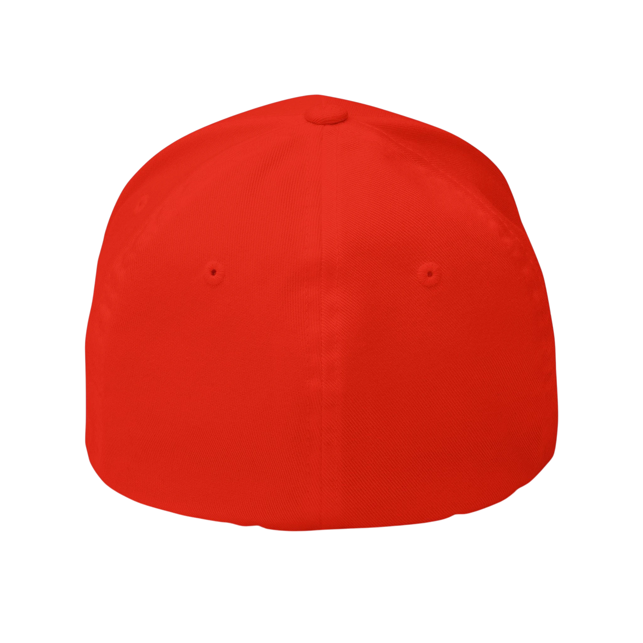 DailyThreadCo. red structured six-panel FlexFit cap with a curved visor and embroidered eyelets on a black background.
