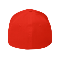 DailyThreadCo. red structured six-panel FlexFit cap with a curved visor and embroidered eyelets on a black background.