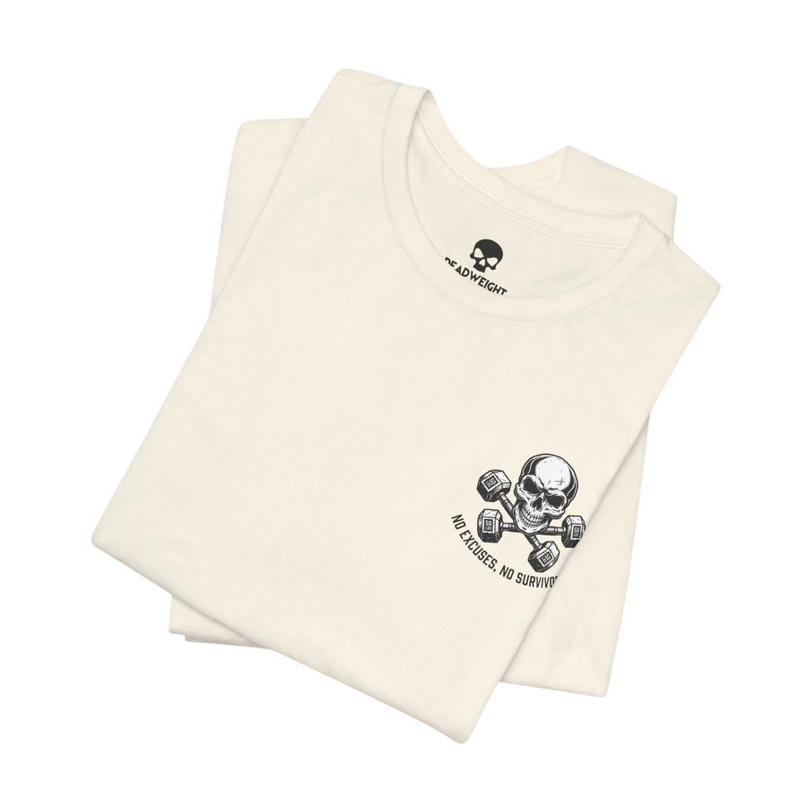 DailyThreadCo. off-white crew-neck cotton fitness t-shirt featuring a skull and dumbbell graphic on the chest.