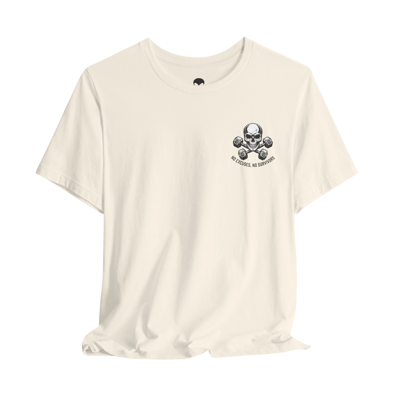 DailyThreadCo. lightweight cream crew-neck fitness t-shirt featuring a skull and dumbbells graphic on the chest.