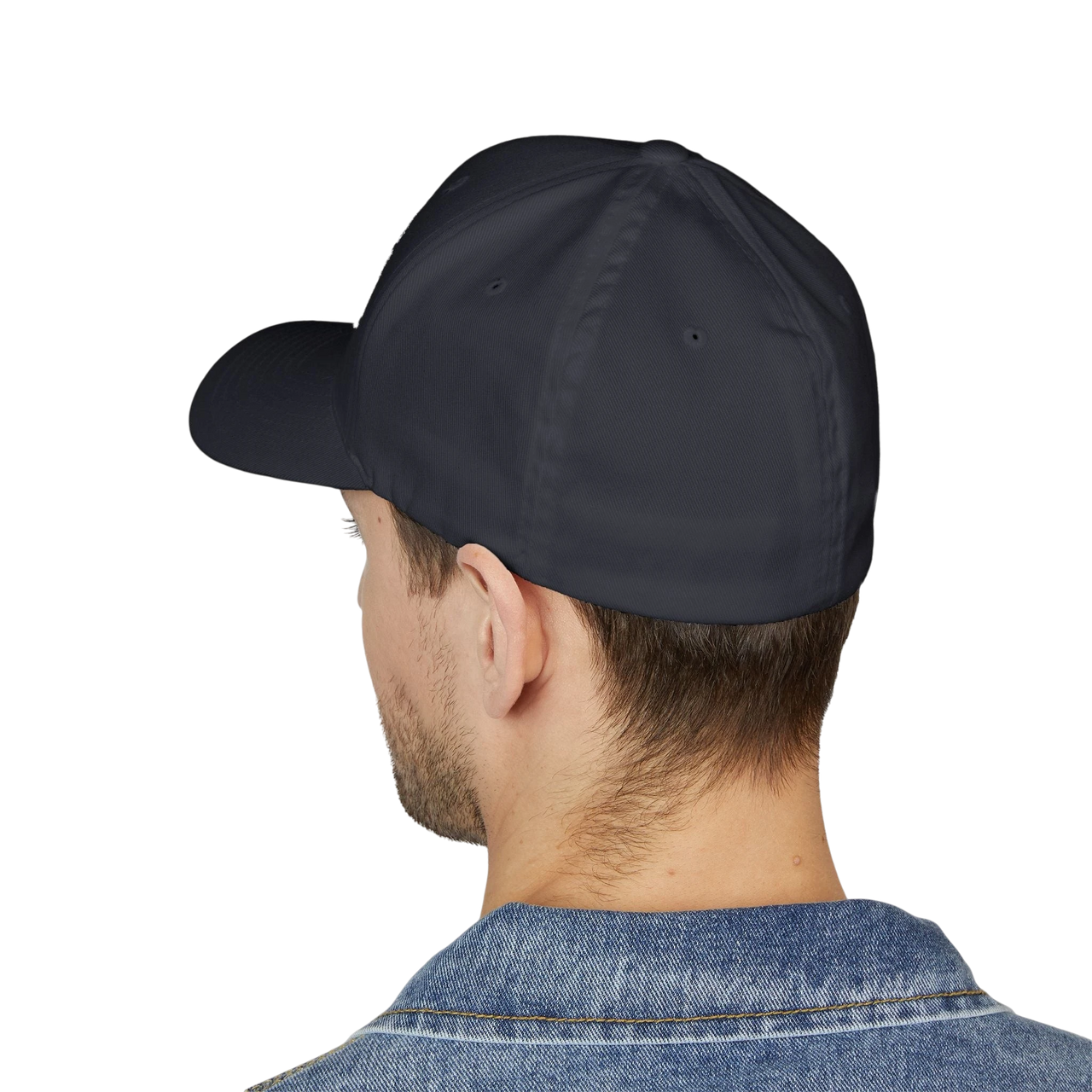 Back view of a man wearing a DailyThreadCo. structured six-panel FlexFit cap in dark twill fabric.