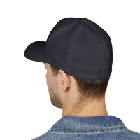 Back view of a man wearing a DailyThreadCo. structured six-panel FlexFit cap in dark twill fabric.