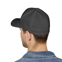 DailyThreadCo. structured FlexFit cap in dark grey twill worn by a man, showing the back view of the six-panel hat.