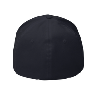 DailyThreadCo. structured six-panel FlexFit cap in dark twill fabric with embroidered eyelets on a black background.