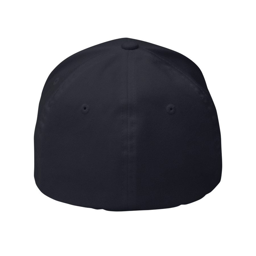 DailyThreadCo. structured six-panel FlexFit cap in dark twill fabric with embroidered eyelets on a black background.