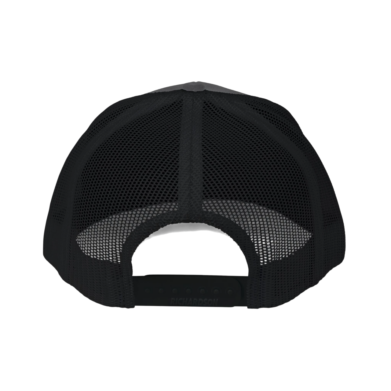 DailyThreadCo. trucker cap back view featuring black breathable mesh panels and an adjustable plastic snap closure.
